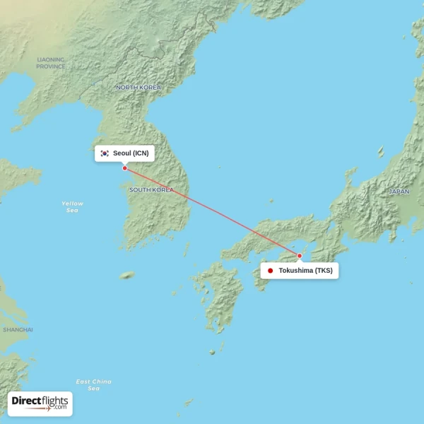 Seoul - Tokushima direct flight map