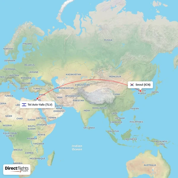 Seoul - Tel Aviv-Yafo direct flight map