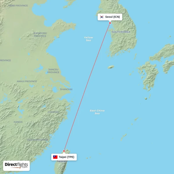 Seoul - Taipei direct flight map
