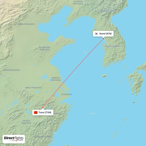 Seoul - Tunxi direct flight map