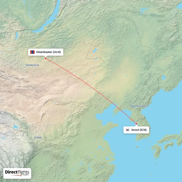 Seoul - Ulaanbaatar direct flight map