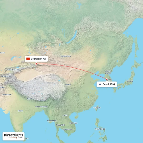 Seoul - Urumqi direct flight map