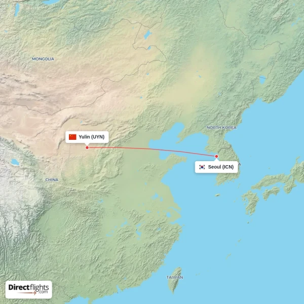 Seoul - Yulin direct flight map