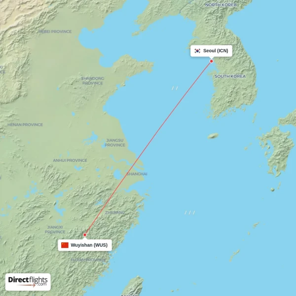 Seoul - Wuyishan direct flight map