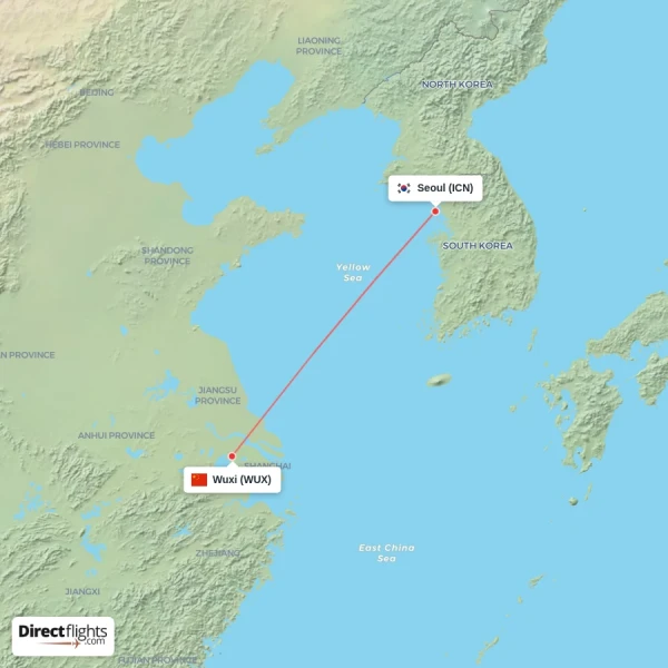 Seoul - Wuxi direct flight map