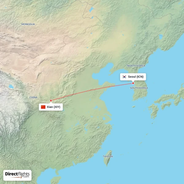 Seoul - Xian direct flight map