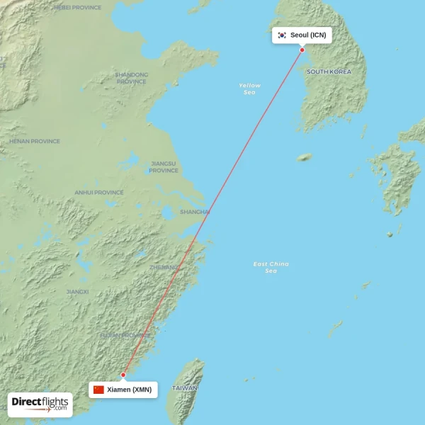 Seoul - Xiamen direct flight map