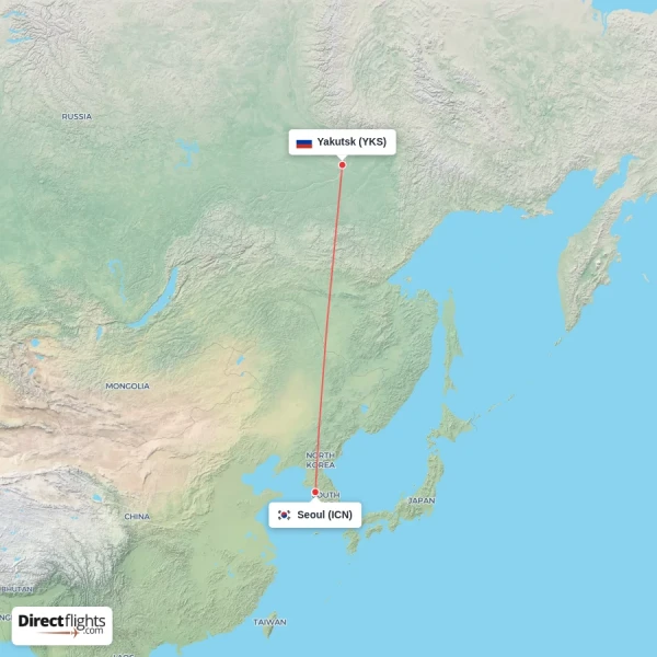 Seoul - Yakutsk direct flight map
