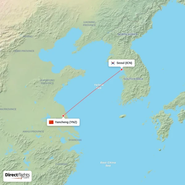 Seoul - Yancheng direct flight map