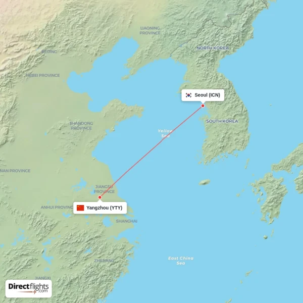 Seoul - Yangzhou direct flight map
