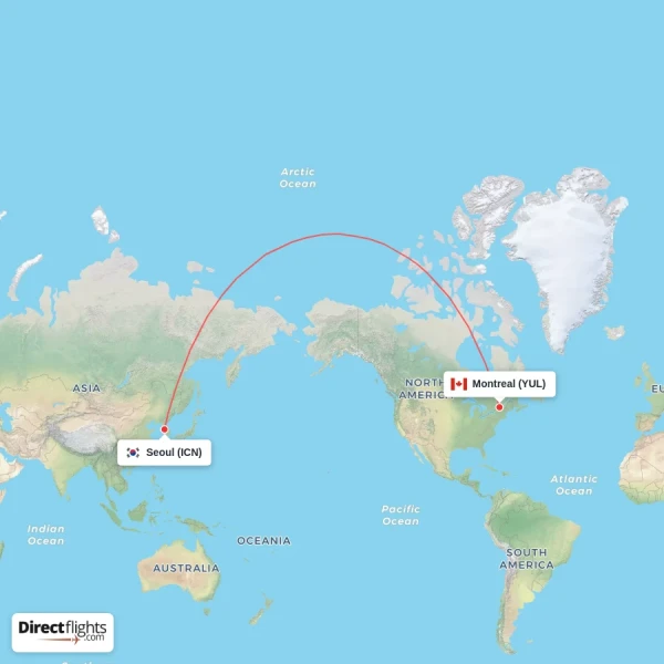 Seoul - Montreal direct flight map