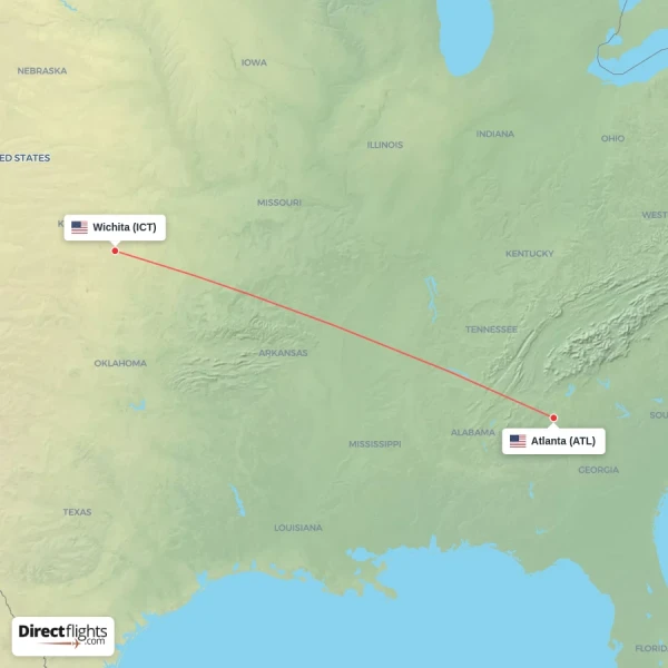 Wichita - Atlanta direct flight map