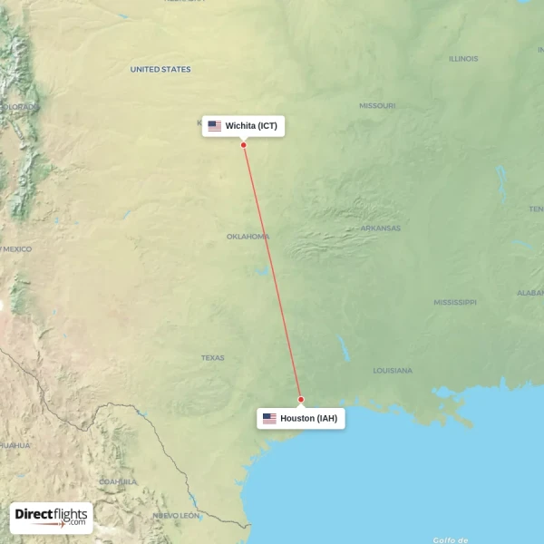 Wichita - Houston direct flight map