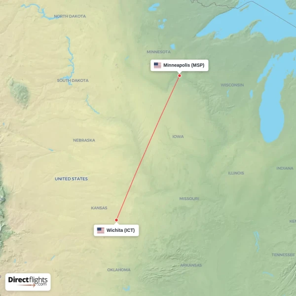 Wichita - Minneapolis direct flight map