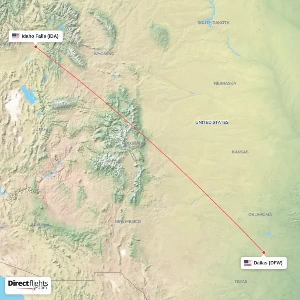 Idaho Falls - Dallas direct flight map