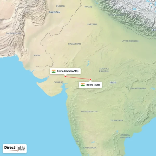 Indore - Ahmedabad direct flight map