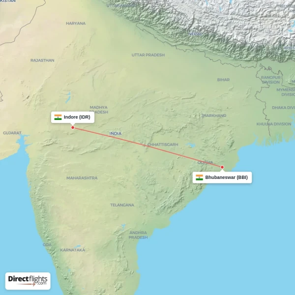 Indore - Bhubaneswar direct flight map