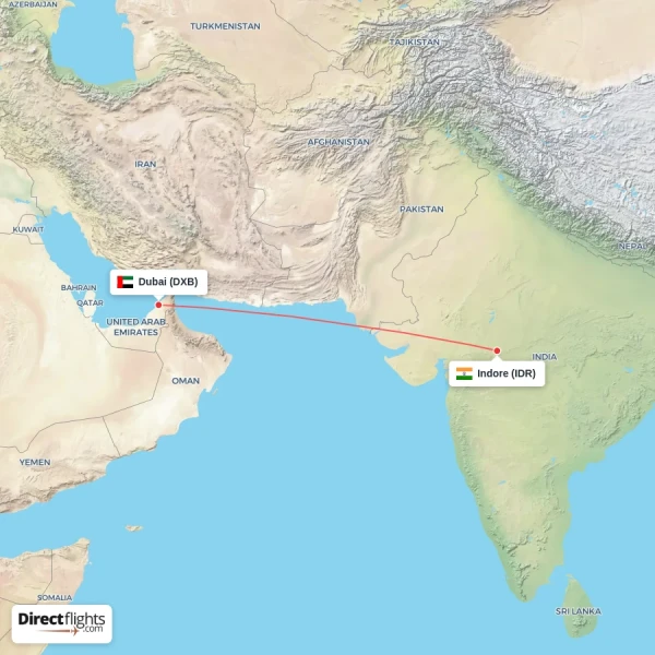 Indore - Dubai direct flight map