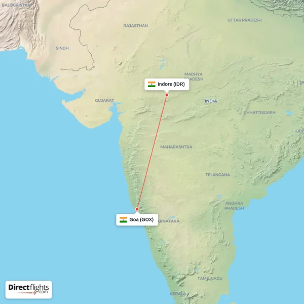 Indore - Goa direct flight map