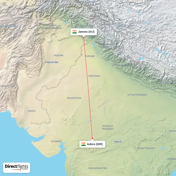 Indore - Jammu direct flight map