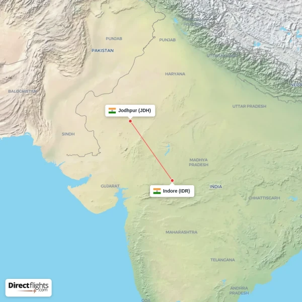 Indore - Jodhpur direct flight map