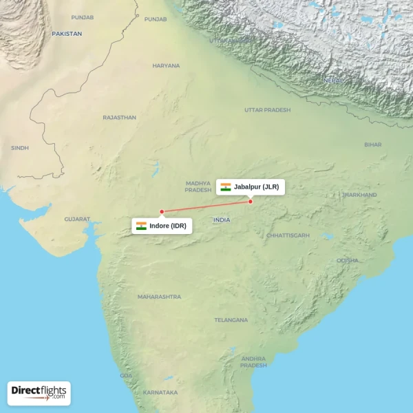 Indore - Jabalpur direct flight map