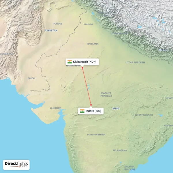 Indore - Kishangarh direct flight map