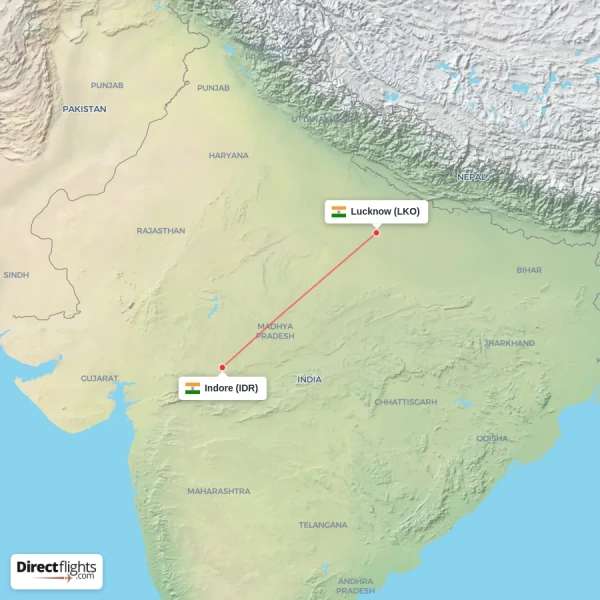 Indore - Lucknow direct flight map
