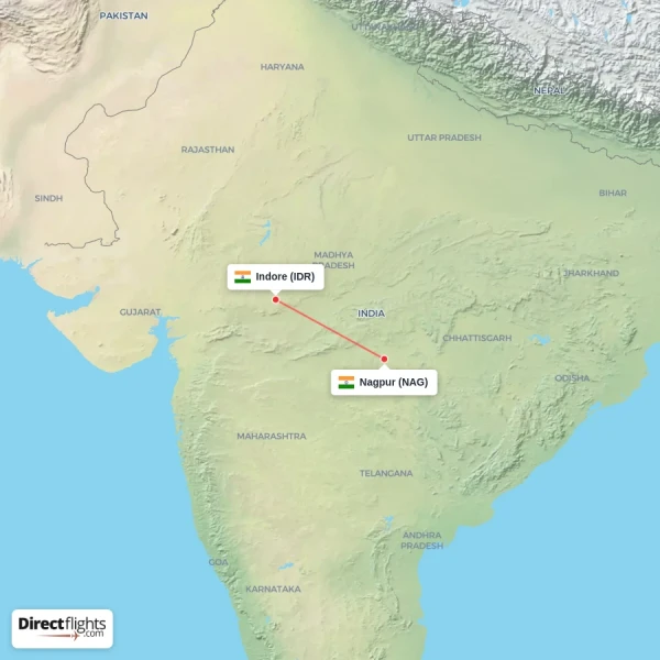 Indore - Nagpur direct flight map