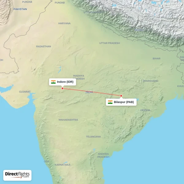 Indore - Bilaspur direct flight map