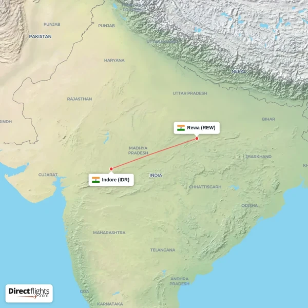 Indore - Rewa direct flight map