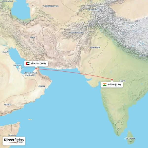 Indore - Sharjah direct flight map