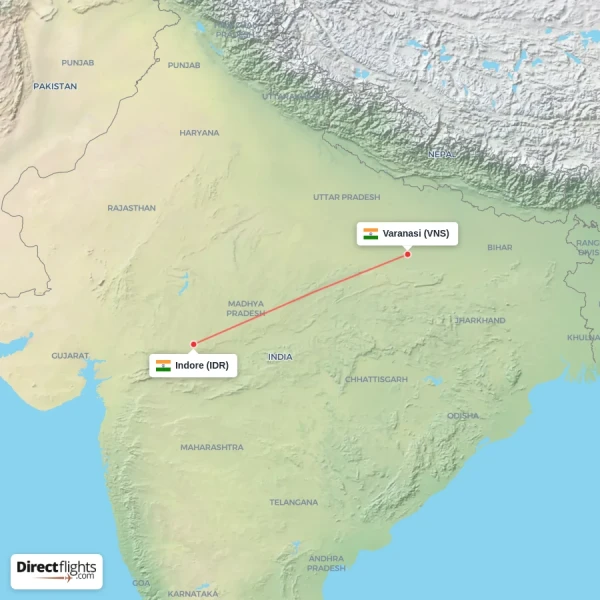 Indore - Varanasi direct flight map