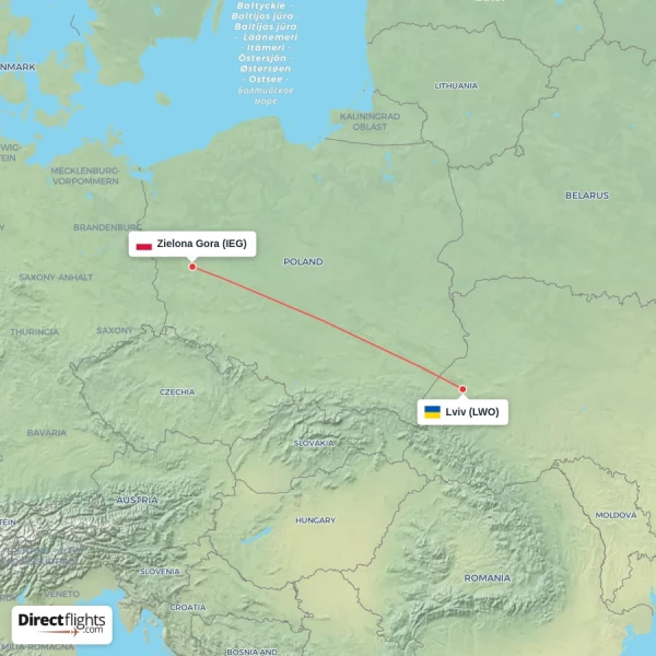 Zielona Gora - Lviv direct flight map