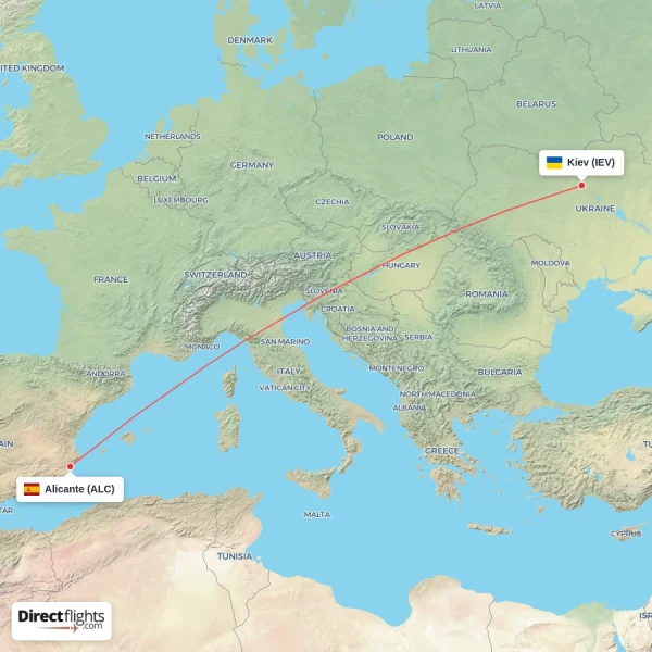 Kiev - Alicante direct flight map