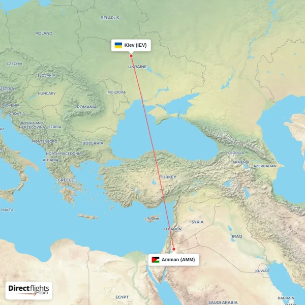 Kiev - Amman direct flight map