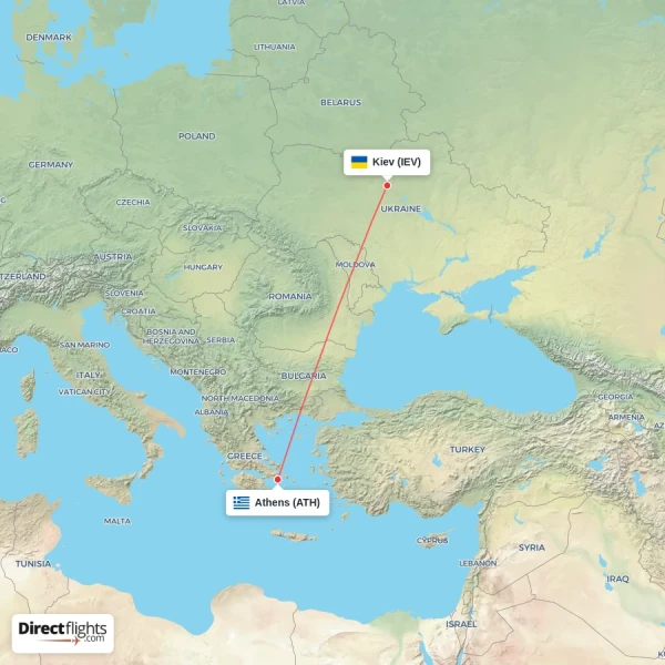 Kiev - Athens direct flight map