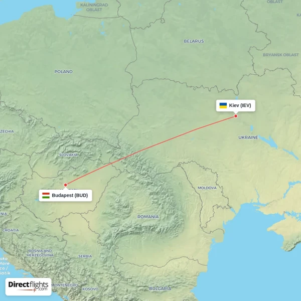 Kiev - Budapest direct flight map