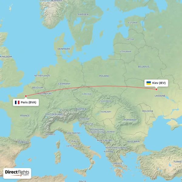 Kiev - Paris direct flight map