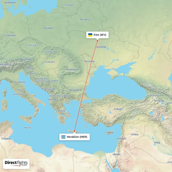 Kiev - Heraklion direct flight map