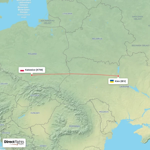 Kiev - Katowice direct flight map