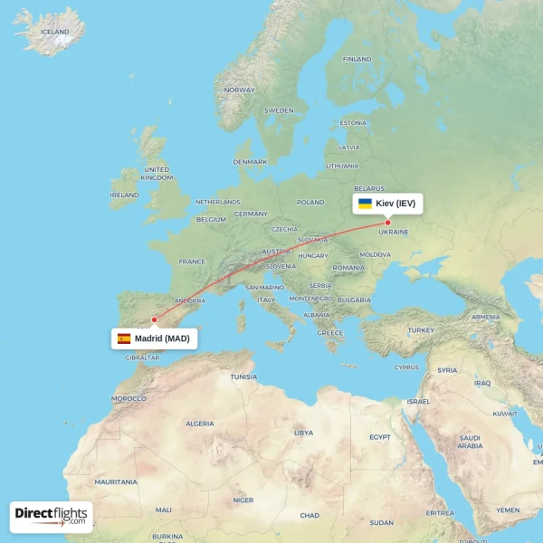 Kiev - Madrid direct flight map