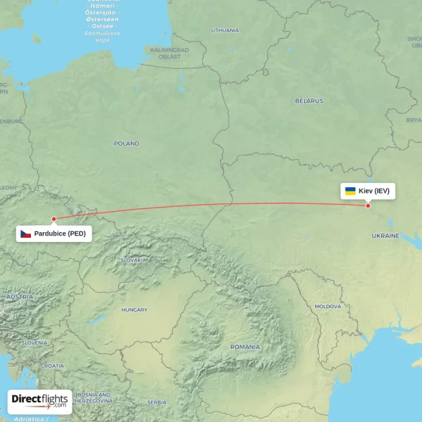 Kiev - Pardubice direct flight map