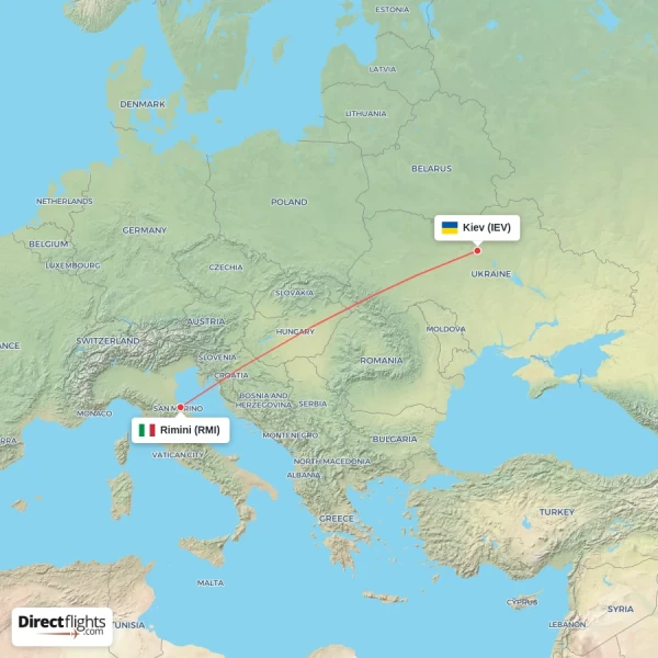 Kiev - Rimini direct flight map