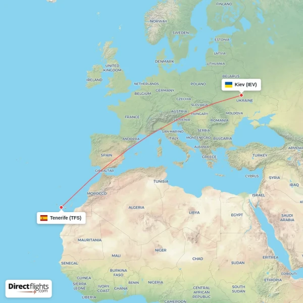 Kiev - Tenerife direct flight map