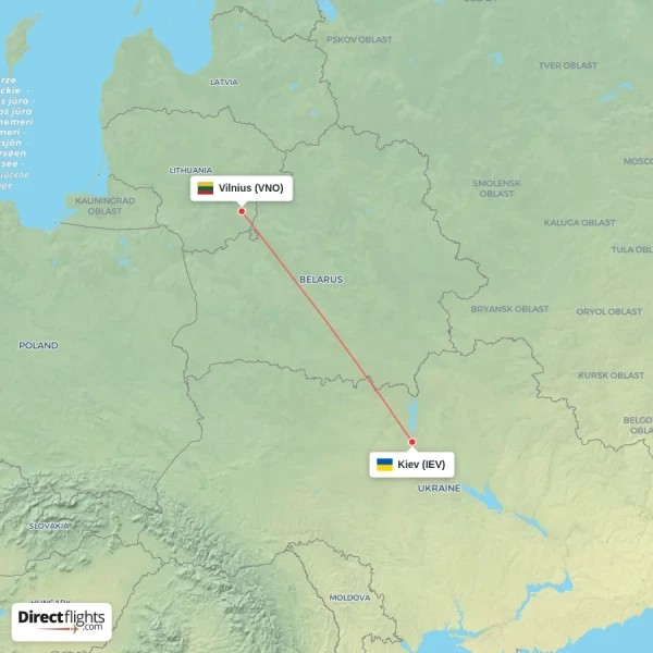 Kiev - Vilnius direct flight map