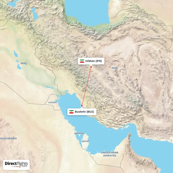 Isfahan - Bushehr direct flight map