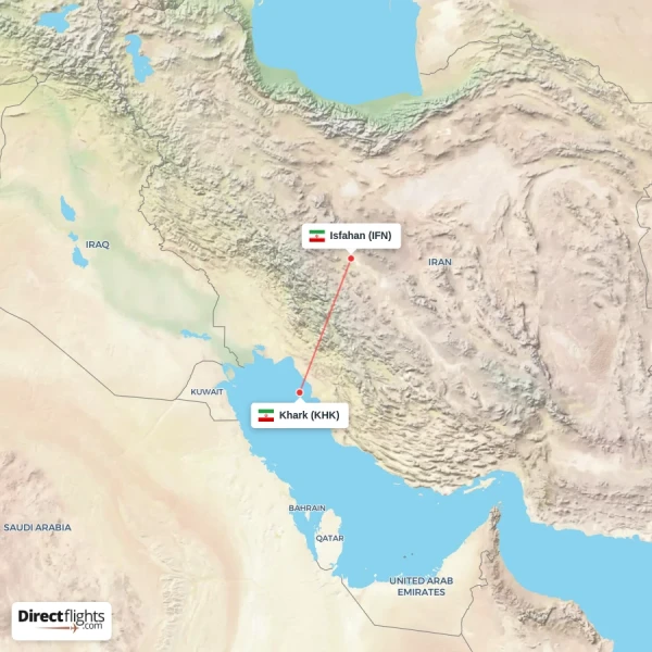 Isfahan - Khark direct flight map