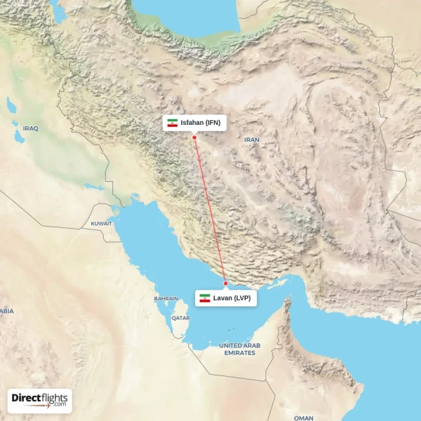 Isfahan - Lavan direct flight map