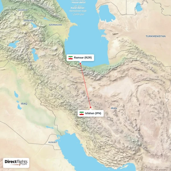 Isfahan - Ramsar direct flight map